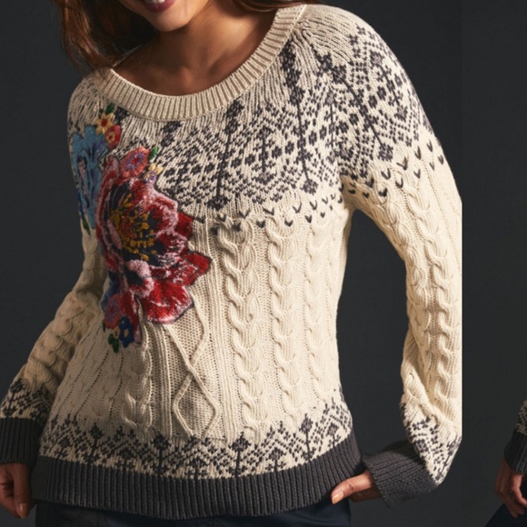 Anthropologie Cable Knit Fair Isle Sweater with Gorgeous Floral Accent - Picture 1 of 4